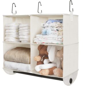 StorageWorks Hanging Closet Organizer with Garment Rod, 4 Section Closet Hanging Shelves, Hanging Clothes Cube Organizer, White & Ivory, 12 ¼" D x 24 ½" W x 28" H