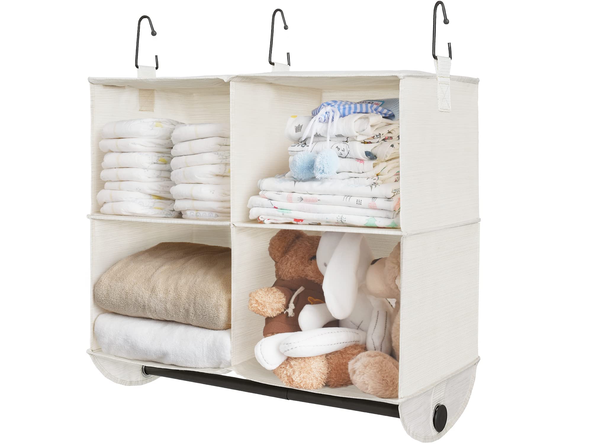 StorageWorks Hanging Closet Organizer with Garment Rod, 4 Section Closet Hanging Shelves, Hanging Clothes Cube Organizer, White & Ivory, 12 ¼" D x 24 ½" W x 28" H