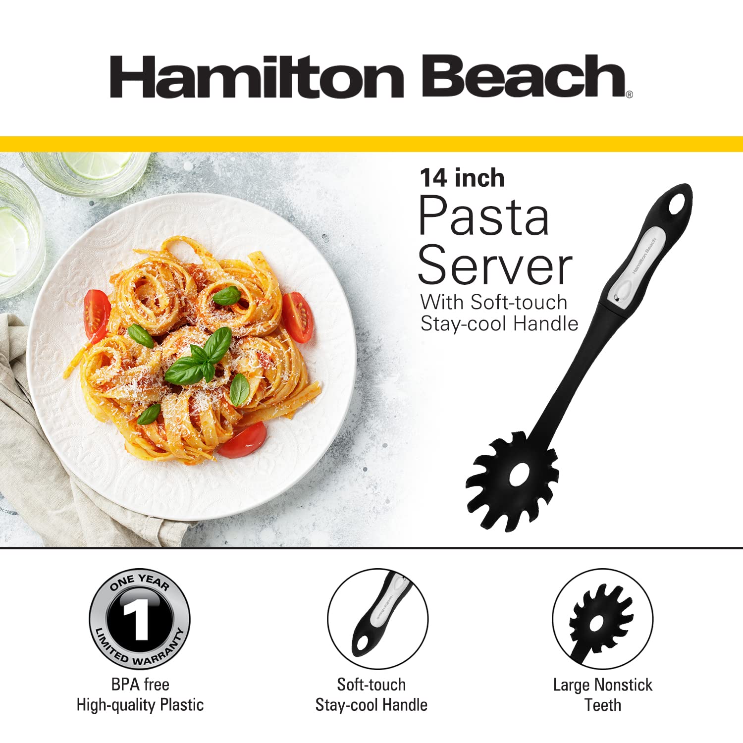 Hamilton Beach Pasta Server 14in Soft Touch Handle - Durable Food Grade Plastic Pasta Server, Spaghetti Spoon Server, Ergonomic and Soft Touch Handle, Heat Resistant Design, Rustproof – Black