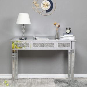 karl home mirrored desk with 3 drawers silver console table mirror sofa table with crystal inlay front for living room, entryway, foyer, 42 inch