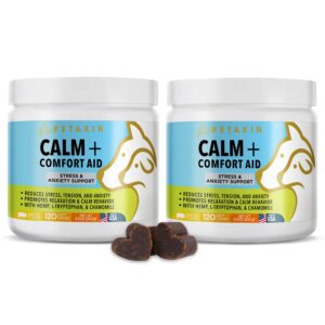 2 pack petaxin calming treats for dogs - stress & anxiety relief for dogs - supports calm & relaxed behavior - calming chews for dogs with chamomile, ginger, & more for barking, fireworks - 240 chews