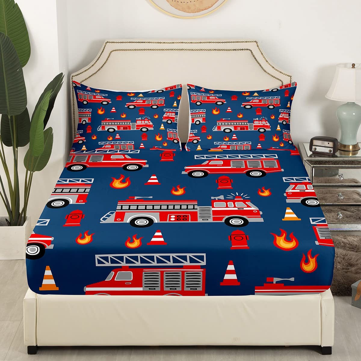 Cartoon Car Bed Sheets Set Fire Truck Sheet Set for Kids Boys Girls Room Decor Firefighter Sheets with Deep Pocket Fitted Sheet Firemen Car Vehicle Fire Engine Blue Red Bedding Set 4Pcs Full