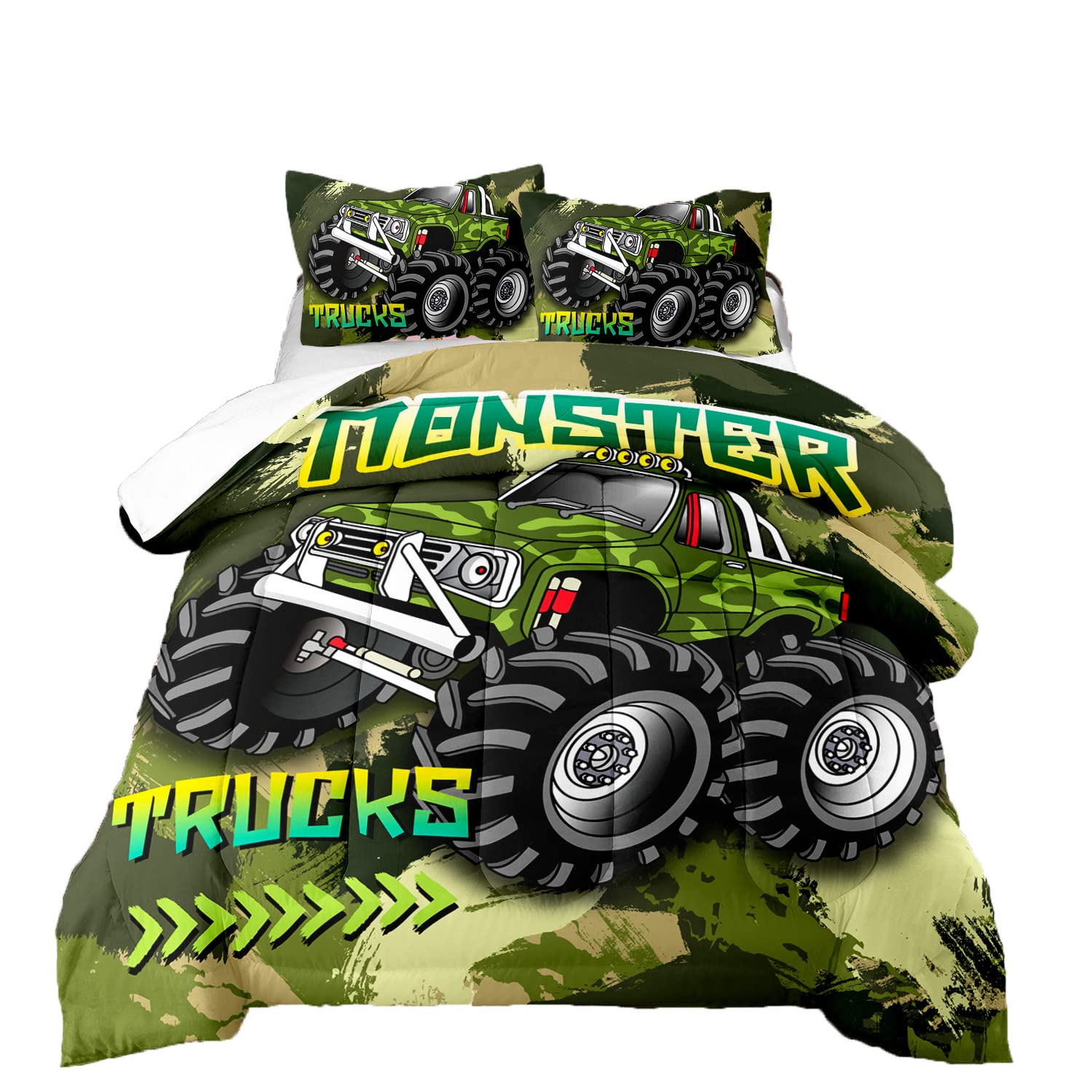 3D Blue Monster Truck Bedding Set for Kids, Cartoon Car Ultra Soft All Seasons Comforter Set Monster Car Theme Bed Set 1 Comforter 2 Pillowcases (Blue, Twin)