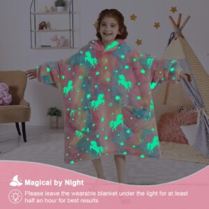 Wearable Blanket Hoodie for Kids Oversized Sherpa Blanket Hoodie for Kids Boys Girls Teens 6-13YR,Glow in The Dark Rainbow Unicorns