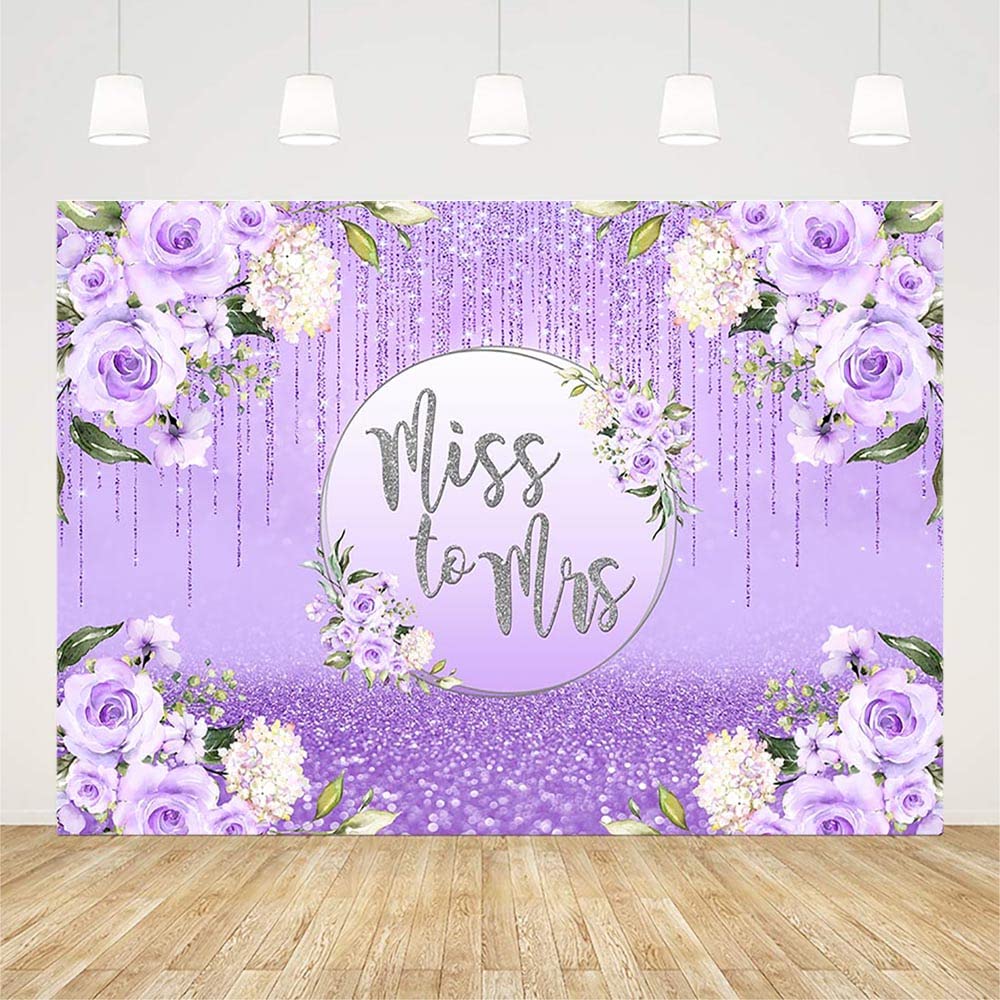 AIBIIN 7x5ft Miss to Mrs Backdrop for Bridal Shower Party Decorations Purple Glitter Floral Wedding Bride to Be Engagement Silver Shiny Bokeh Banner Photography Background Cake Table Photo Shoot Props