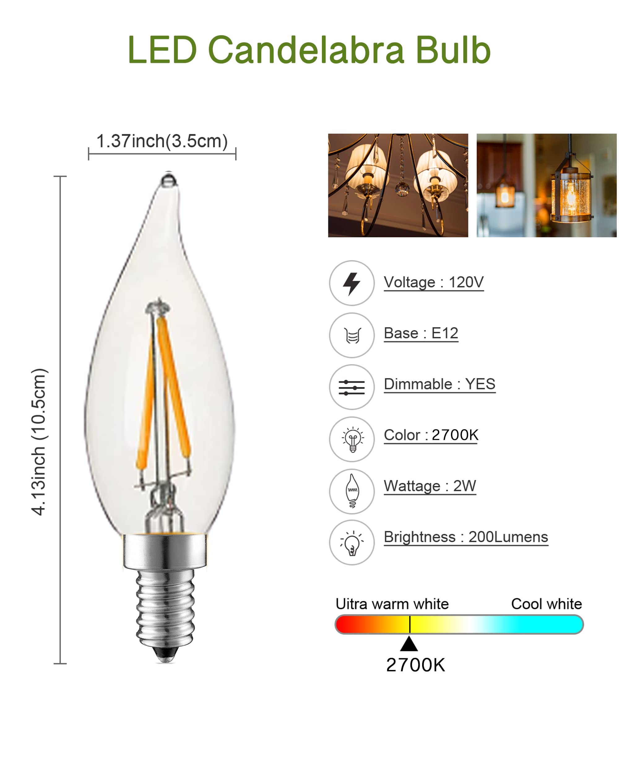 HMYYJT Dimmable LED Candelabra Bulb 25W Equivalent E12 LED Bulb 2700K Soft Warm White, Chandelier Light Bulbs, 2W 200LM Flame Tip CA10 Candle Light Bulb 24 Pack e12 Bulb.