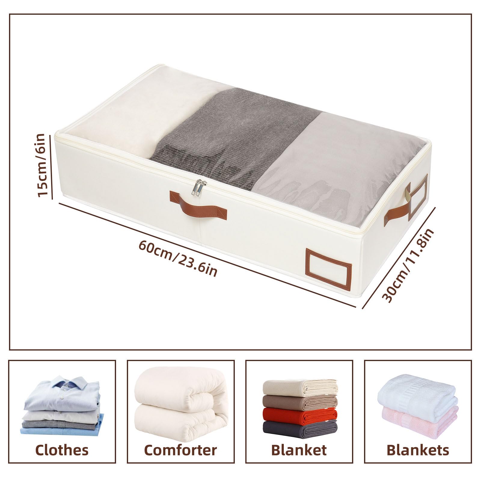 Yawinhe Under Bed Storage, 2 Pack Underbed Storage Box, Collapsible Storage Bag, with Sorting card slot and 4 Leather Handles, for Blanket, Bedding, 23.6''Lx11.8''Wx6''H, Beige