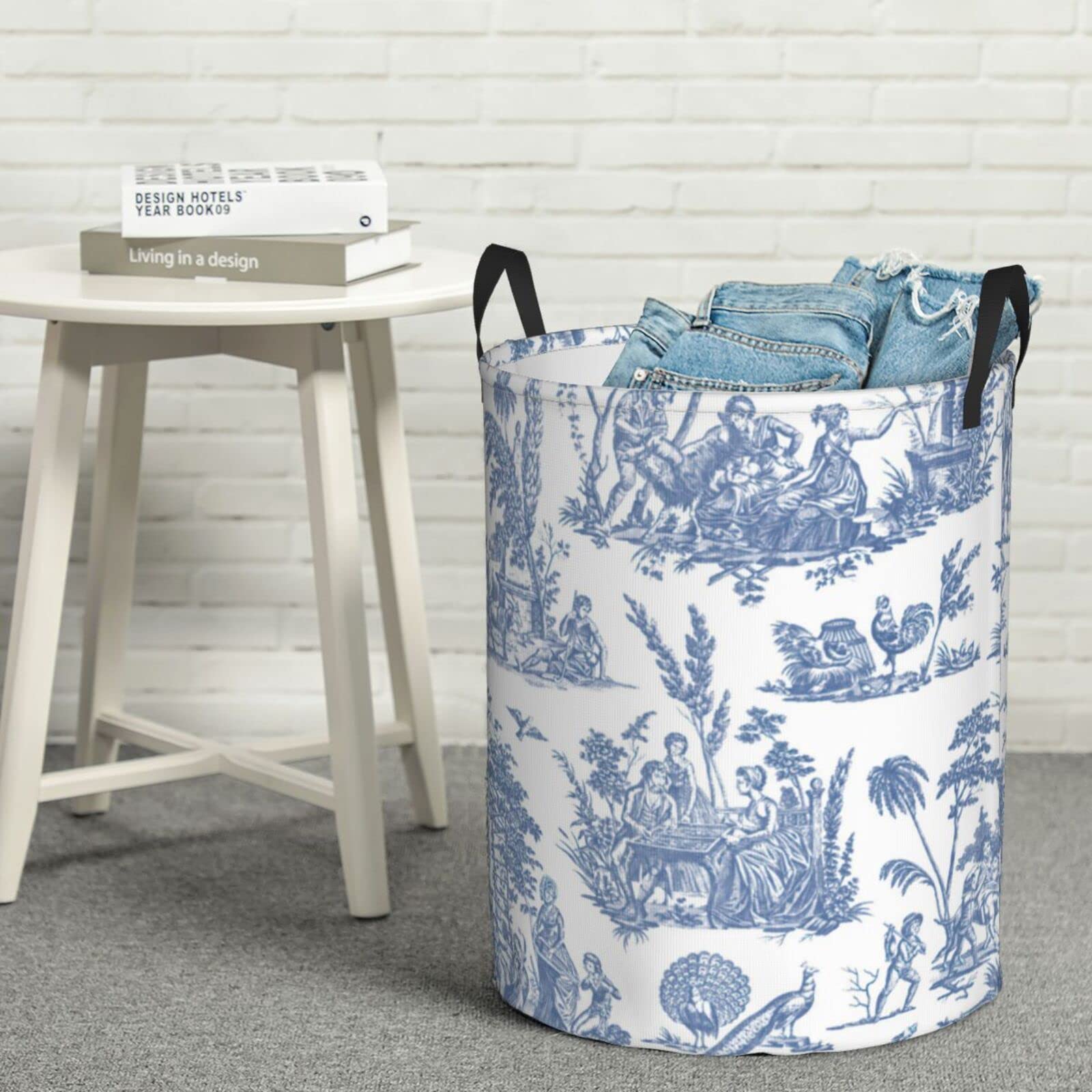 Marseilles Toile Willow Ware Blue White Laundry Basket,Collapsible Clothes Hamper Storage with Handle, Laundry Hamper for Bathroom Home Decor Baby Clothing Small