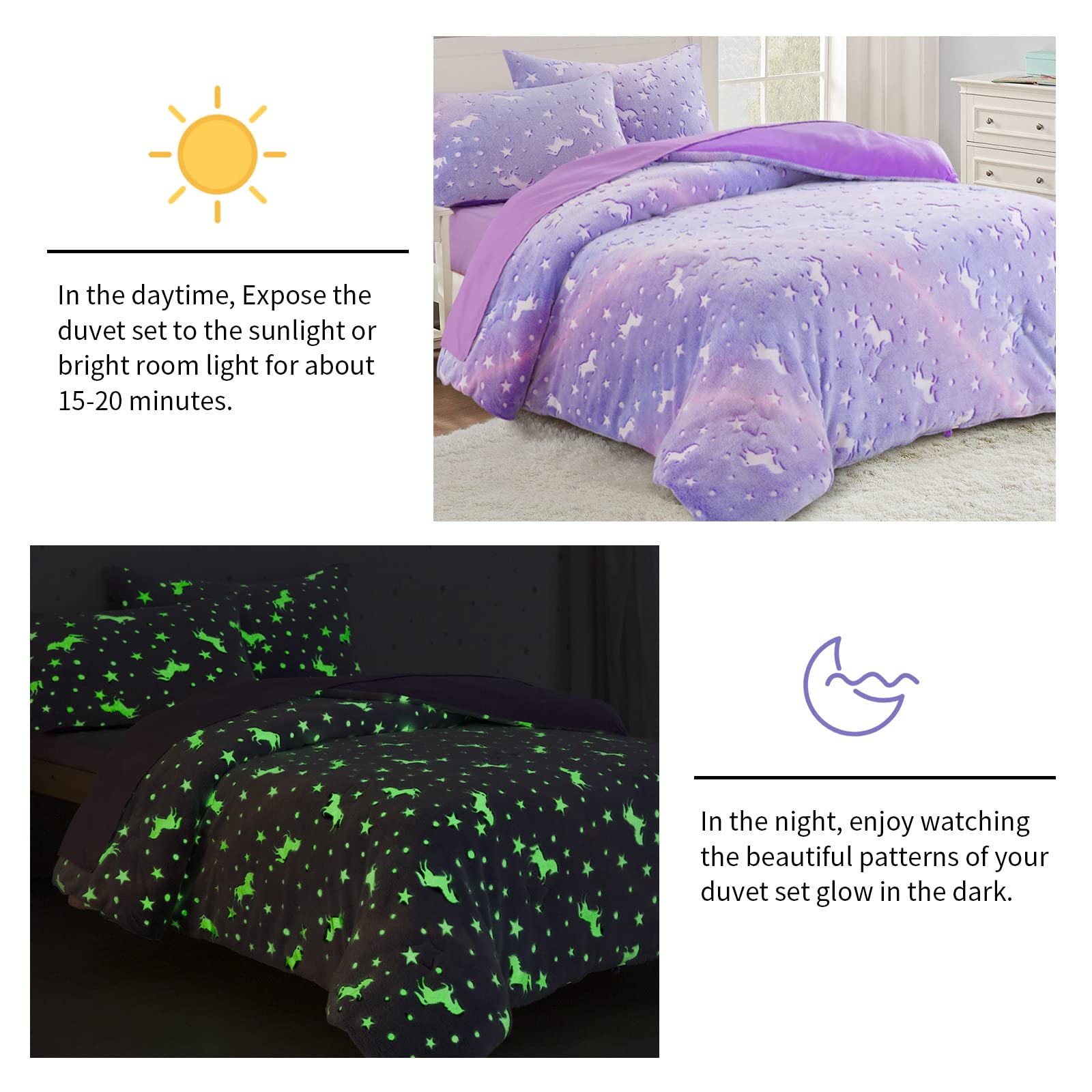 ROYALAY Kids Glow in The Dark Comforter Set 5 Pieces Bedding Set Twin Size/Twin XL for Teenage Girls and Kids, Purple Starry Night Super Soft Down Alternative Comforter with Sheets Bed in a Bag