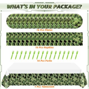 Camo Party Supplies Set for 16 Guests Camouflage Themed Army Military Party Tableware Include Plates Napkins Forks Tablecloth for Birthday Baby Shower Party Decorations