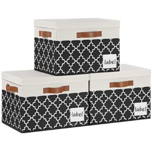 pffvrp extra large storage bins with lids, foldable fabric storage baskets with lids, sturdy storage boxes with labels and 3 pu handles for closet home bedroom office (3 packs, black plaid&white)