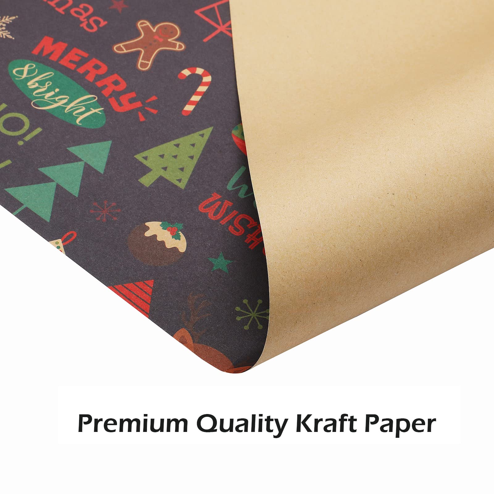 PintreeLand 12 Sheets Christmas Wrapping Paper Set(6 Large&6 Small, 59 Sq. Ft. Ttl) with 12PCS Gift Bows and Labels - Vintage Red Green Xmas Holiday Kraft Present Wrap Paper