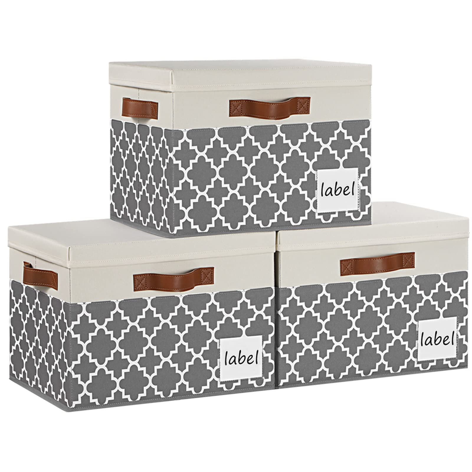 PFFVRP Extra Large Storage Bins with Lids, Foldable Fabric Storage Baskets with Lids, Sturdy Storage Boxes with Labels and 3 PU Handles for Closet Home Office (32L, 3 Packs, Grey Plaid&White)