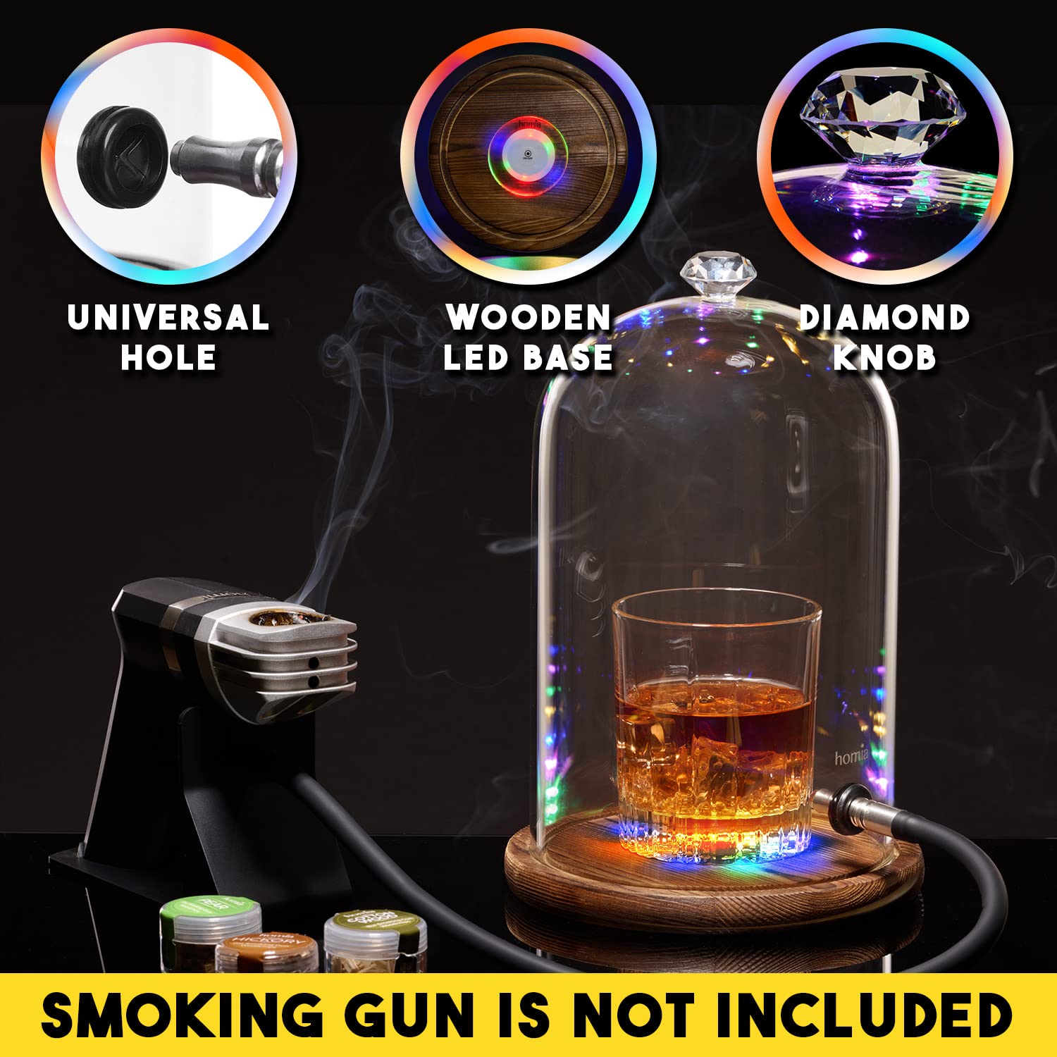 Smoking Gun Accessory LED lights Glass Dome 9" x 5.7" Lid Wooden Base - Glass Smoke infuser Cover Lid for Cocktail Smoker - Dome for Cold Smoke, Smoking Cloche for Drinks