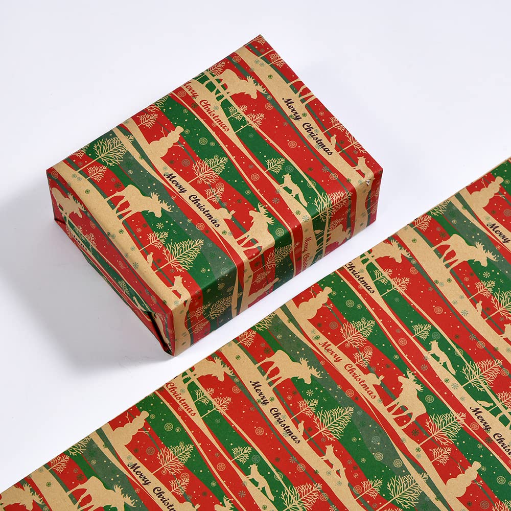 PintreeLand 12 Sheets Christmas Wrapping Paper Set(6 Large&6 Small, 59 Sq. Ft. Ttl) with 12PCS Gift Bows and Labels - Vintage Red Green Xmas Holiday Kraft Present Wrap Paper