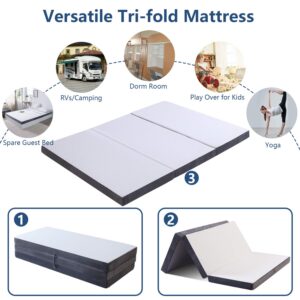 Folding Mattress Queen - Tri-Fold Futon Mattress with Soft Removable Breathable Cover for Guest Children and Adults, Foldable Mattress Sofa Bed with Non-Slip Bottom for Back Pain Relief, 60"x80"x6"