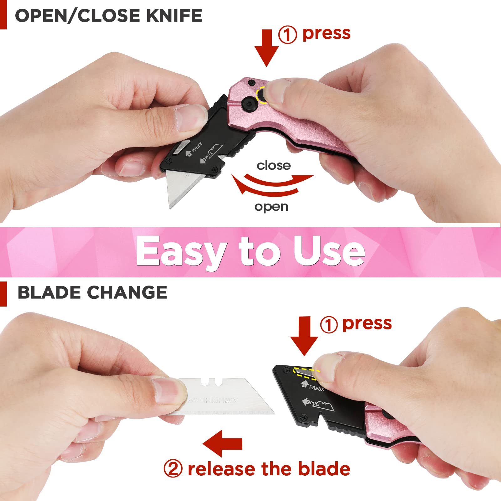 WORKPRO Utility Knife Blades, SK5 Steel, 100-Pack with Dispenser and Pink Folding Utility Knife, 10 Extra Blades Included