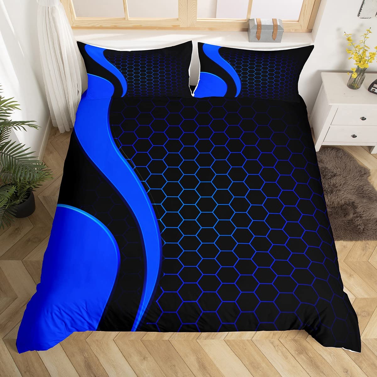 Geometry Bedding Set Geometry Honeycomb Comforter Cover for Kids Boys Girls Teens Hexagonal Geometrical Blue Black Duvet Cover Breathable Beehive Bedspread Cover Room Decor Quilt Cover Queen Size