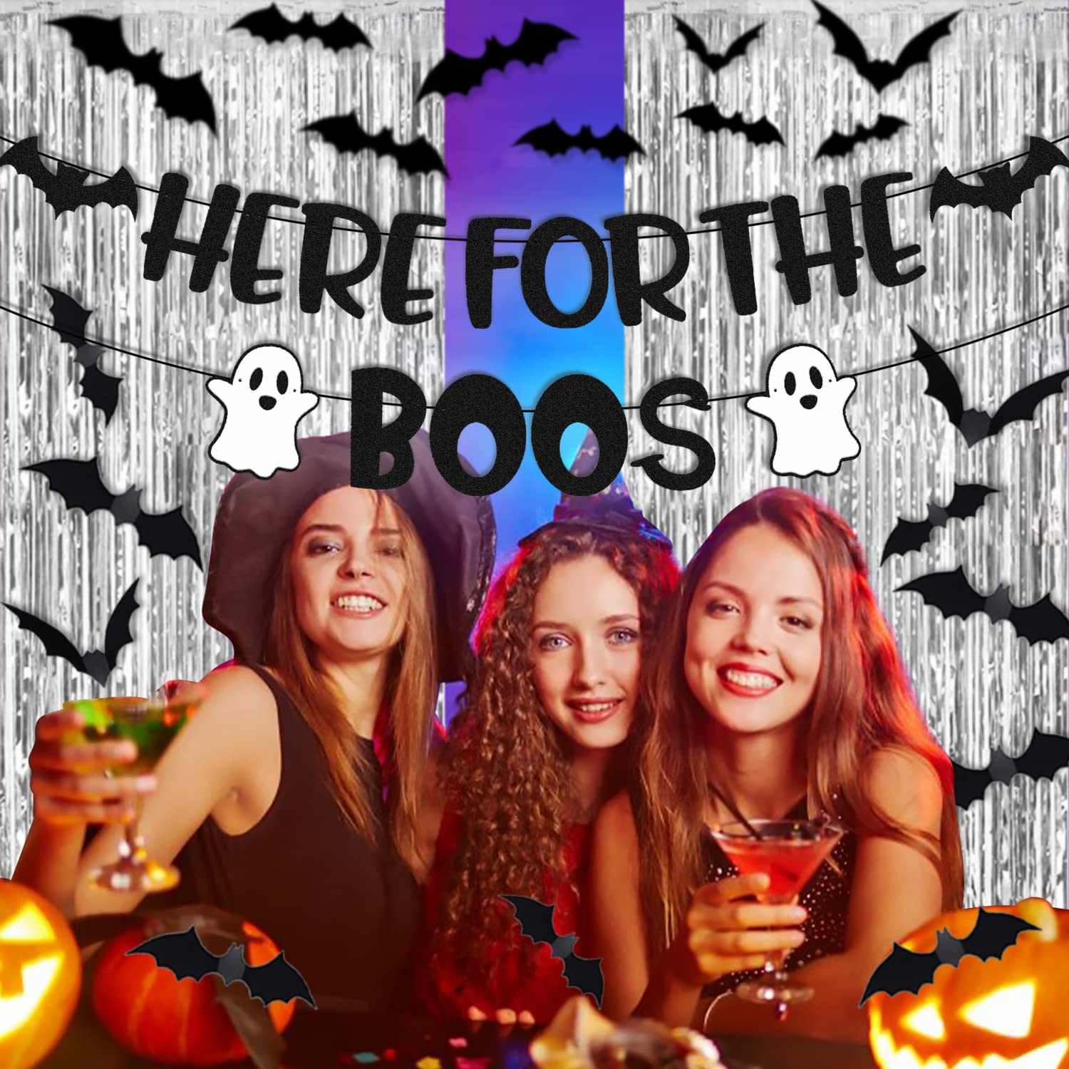 Here for The Boos Party Decorations Halloween Banner Bat Wall Decor Silver Foil Curtains Backdrop Haunted House Horror Theme for Boy Girl Kids Halloween Festival Holiday Black Glitter Party Supplies