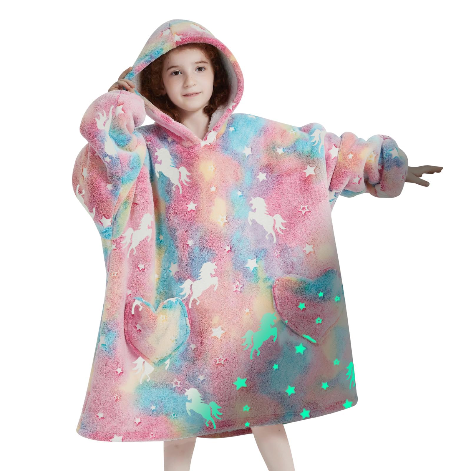 Wearable Blanket Hoodie for Kids Oversized Sherpa Blanket Hoodie for Kids Boys Girls Teens 6-13YR,Glow in The Dark Rainbow Unicorns