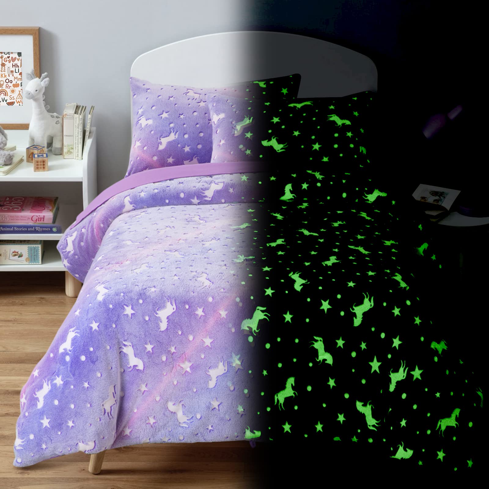 ROYALAY Kids Glow in The Dark Comforter Set 5 Pieces Bedding Set Twin Size/Twin XL for Teenage Girls and Kids, Purple Starry Night Super Soft Down Alternative Comforter with Sheets Bed in a Bag