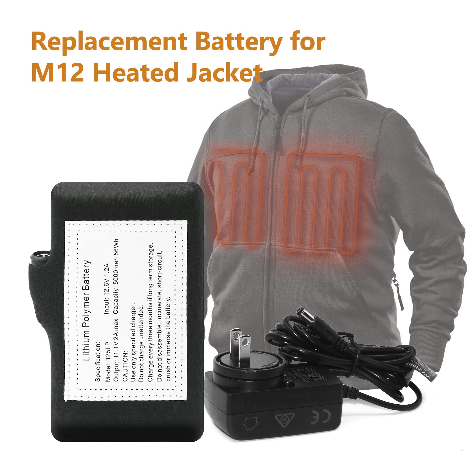 12V Heated Jacket Battery for Milwaukee - 5000mah High Capacity Replacement Li-Polymer Battery Pack fit for Milwaukee Prosmart Dewalt Revean M12 Heated Vest Hoodie Gear (12Volt Charger Included)