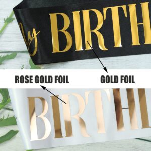 Docooniver 2 Pack It's my Birthday Sash for Women,Black and White Sashes with Gold and Rose gold Writing.