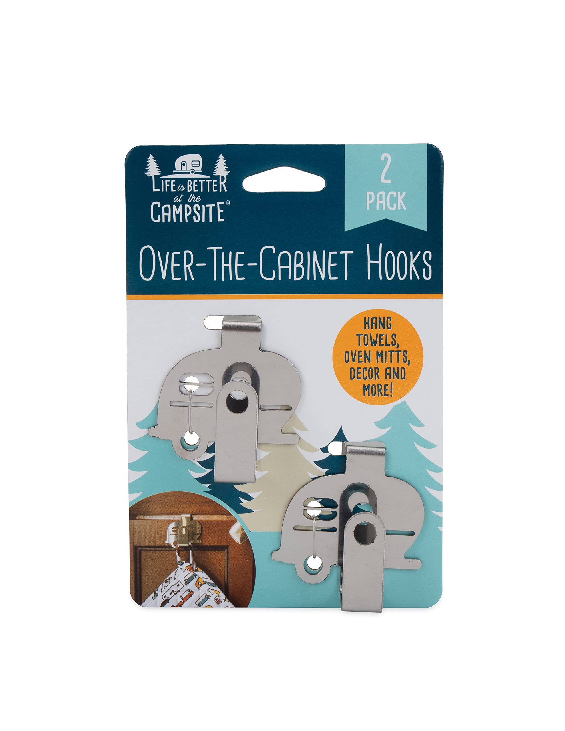 Camco Life is Better at The Campsite Over-The-Cabinet Hooks | Convenient to Use and Fits 3/4-inch Thick Cabinet Doors | Made of Stainless Steel | 2-Pack (53382), Silver, Small