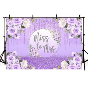 AIBIIN 7x5ft Miss to Mrs Backdrop for Bridal Shower Party Decorations Purple Glitter Floral Wedding Bride to Be Engagement Silver Shiny Bokeh Banner Photography Background Cake Table Photo Shoot Props