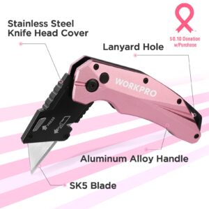 WORKPRO Utility Knife Blades, SK5 Steel, 100-Pack with Dispenser and Pink Folding Utility Knife, 10 Extra Blades Included