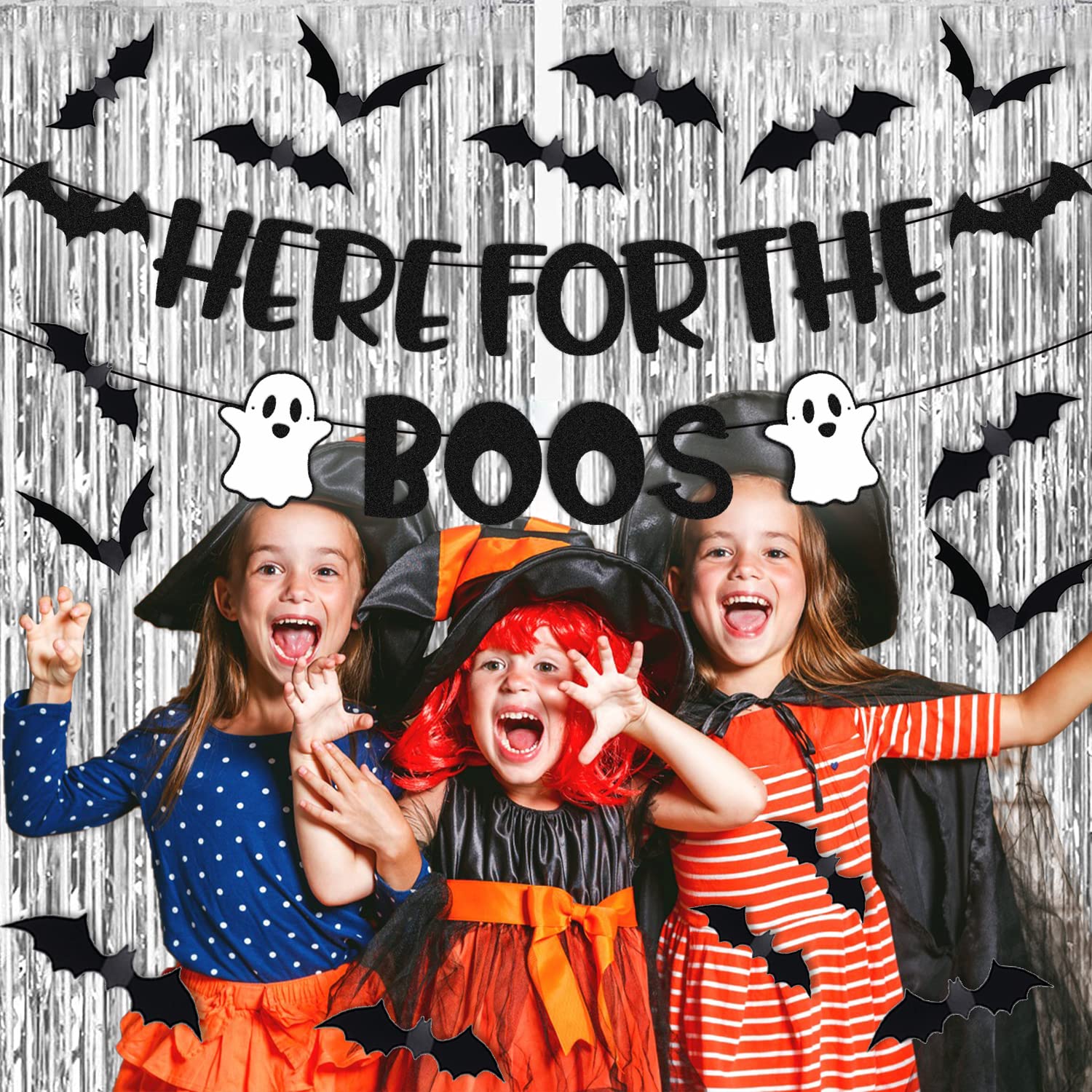 Here for The Boos Party Decorations Halloween Banner Bat Wall Decor Silver Foil Curtains Backdrop Haunted House Horror Theme for Boy Girl Kids Halloween Festival Holiday Black Glitter Party Supplies