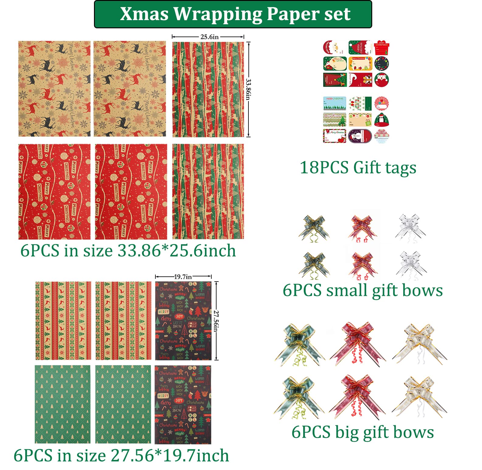 PintreeLand 12 Sheets Christmas Wrapping Paper Set(6 Large&6 Small, 59 Sq. Ft. Ttl) with 12PCS Gift Bows and Labels - Vintage Red Green Xmas Holiday Kraft Present Wrap Paper