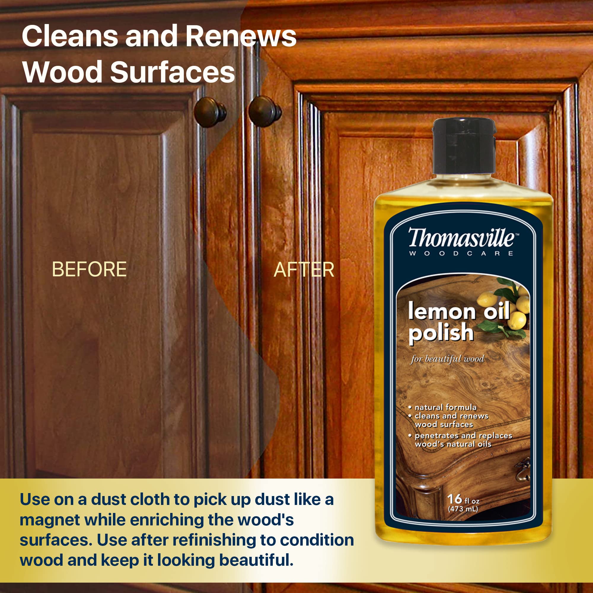 THOMASVILLE LEMON OIL POLISH - Natural Lemon Scented Wood Cleaner & Furniture Polish, Cleans, Renews, Restores & Rejuvenates Wood Surfaces, Protects Wood from Drying or Cracking, Leaves a Shiny Finish, 16oz