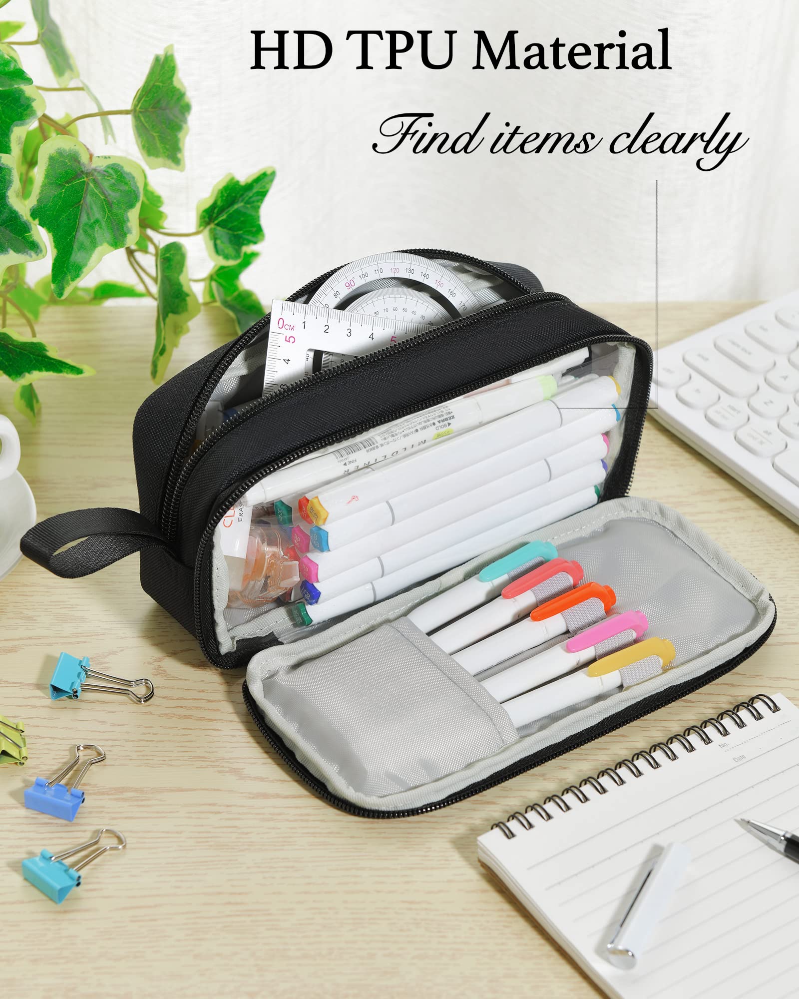 YOKUMA Pencil Case for Adults Aesthetic Pen Bag for Teen College Zipper Pouch Office Supplies Stationery Organizer Small Tool Bag (Black TW)