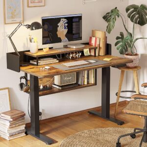 FEZIBO 55" Electric Standing Desk with Shelves, 55 x 24 Inch Sit Stand Rising Desk with Monitor Stand and Storage, Ergonomic Home Office Computer Desk, Rustic