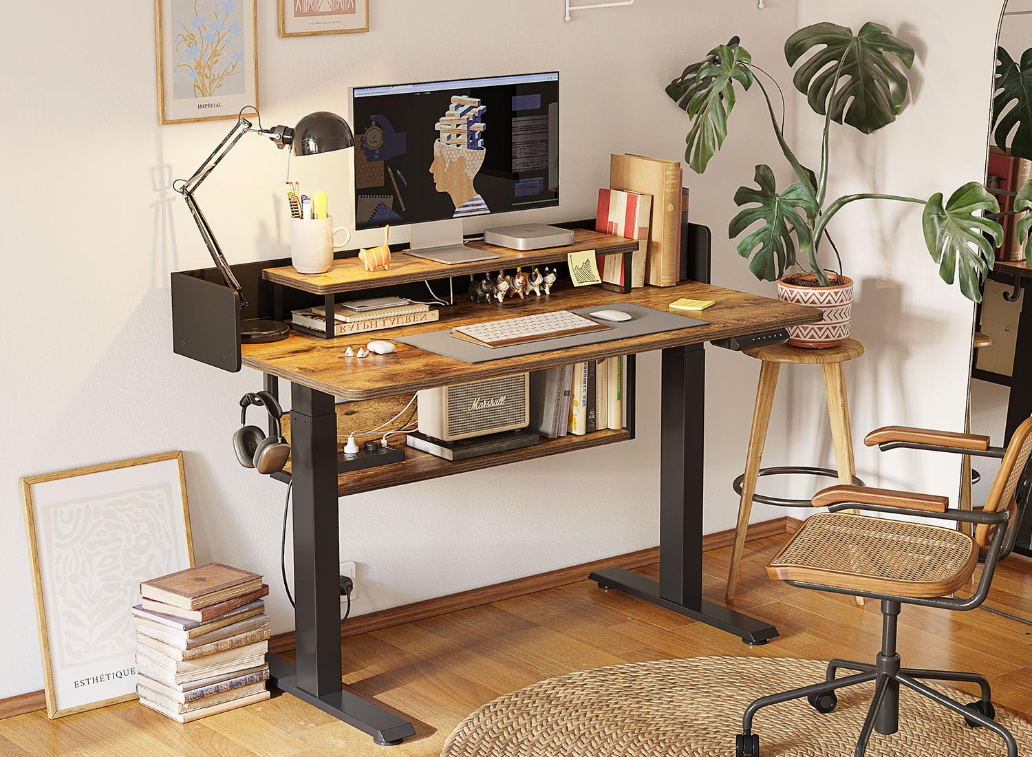 FEZIBO 55" Electric Standing Desk with Shelves, 55 x 24 Inch Sit Stand Rising Desk with Monitor Stand and Storage, Ergonomic Home Office Computer Desk, Rustic