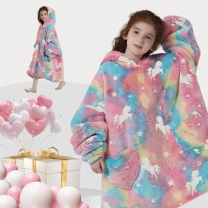 Wearable Blanket Hoodie for Kids Oversized Sherpa Blanket Hoodie for Kids Boys Girls Teens 6-13YR,Glow in The Dark Rainbow Unicorns