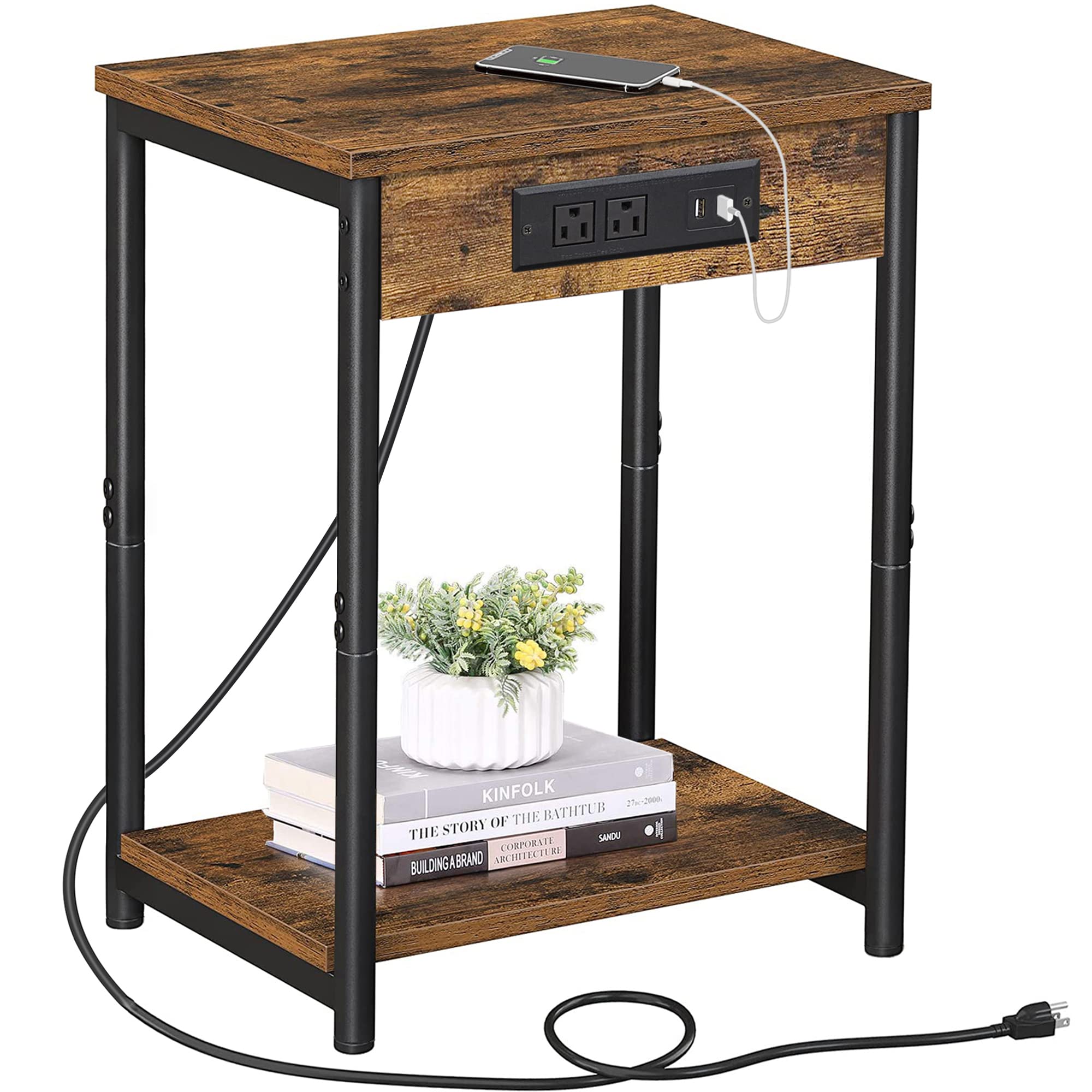 TUTOTAK Nightstand with Charging Station, End Table, Side Table with USB, 21.8”H Night Stand with Storage Shelf, Sofa Couch Table V1TB01BB025 (1 pc)