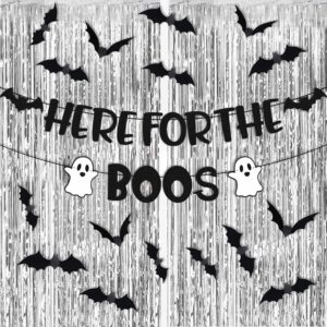 here for the boos party decorations halloween banner bat wall decor silver foil curtains backdrop haunted house horror theme for boy girl kids halloween festival holiday black glitter party supplies