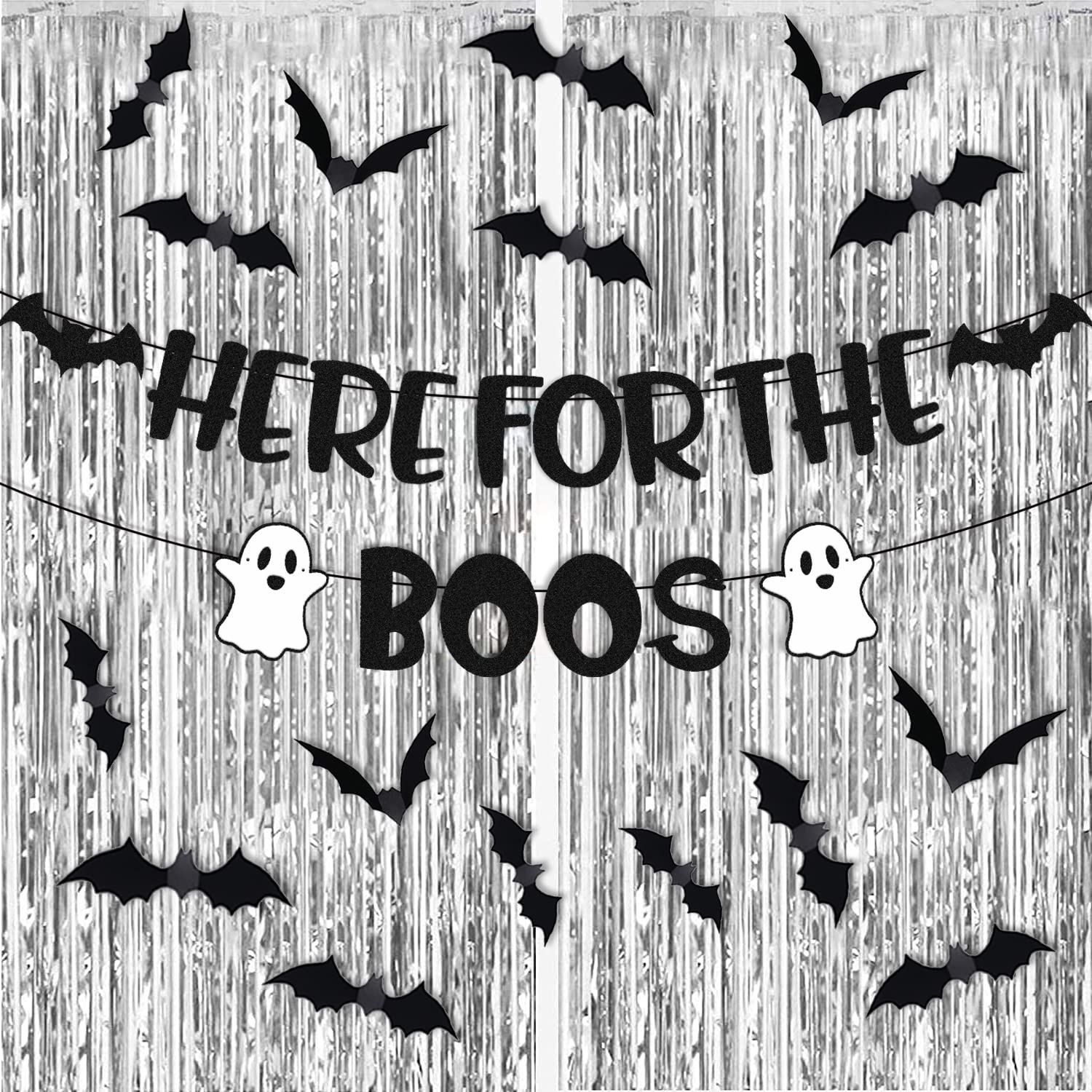 Here for The Boos Party Decorations Halloween Banner Bat Wall Decor Silver Foil Curtains Backdrop Haunted House Horror Theme for Boy Girl Kids Halloween Festival Holiday Black Glitter Party Supplies