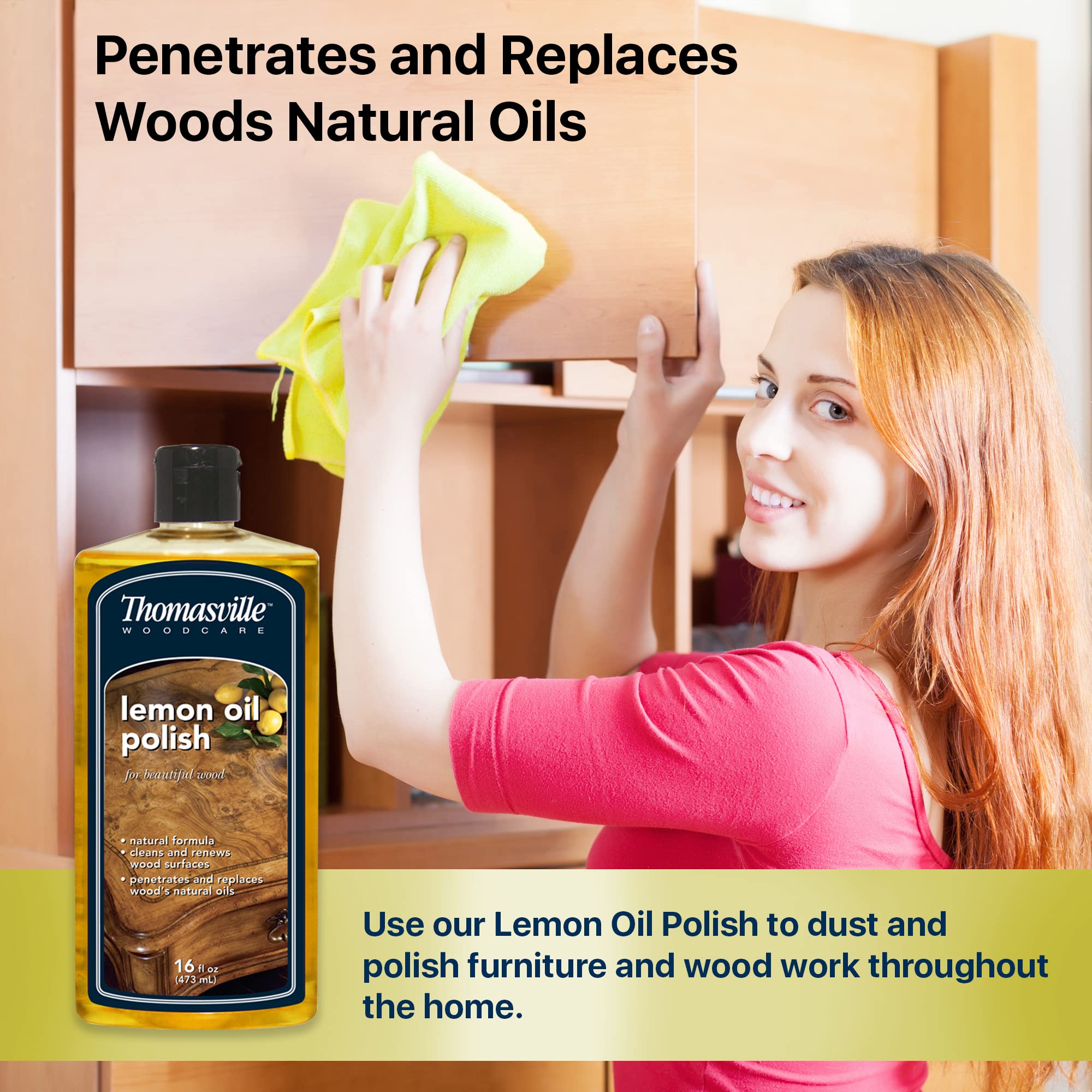 THOMASVILLE LEMON OIL POLISH - Natural Lemon Scented Wood Cleaner & Furniture Polish, Cleans, Renews, Restores & Rejuvenates Wood Surfaces, Protects Wood from Drying or Cracking, Leaves a Shiny Finish, 16oz