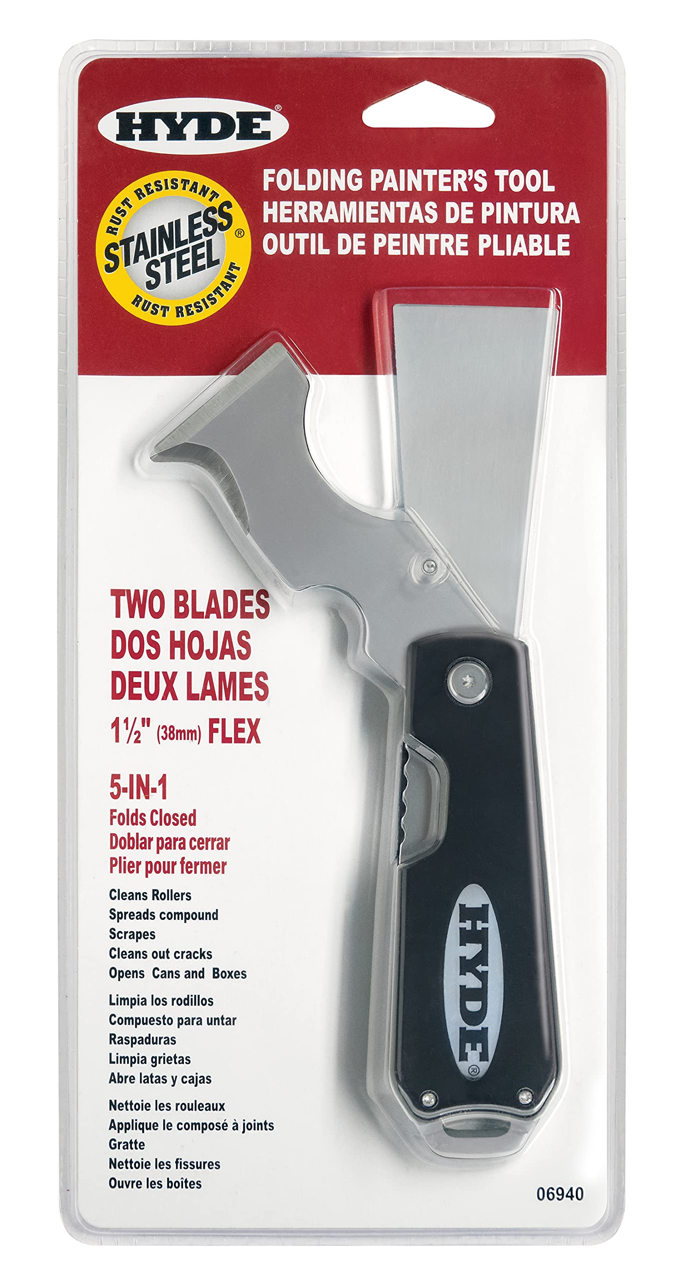 Hyde Dual Blade Folding Painter's Tool 5-In-1 Stainless Steel Folds Closed, Flex 1-1/2 Inch, Cleans Rollers, Spreads Compound, Scrapes, Cleans Out Cracks, Opens Cans and Boxes,Black