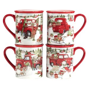 certified international red truck snowman 16 oz. mugs, set of 4, multicolor