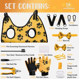 MAcosiness Pet Grooming Hammock for Nail Trimming - Complete Groomers Helper Set for Pet - Dog Grooming Hammock with Hook - Cat Nail Clipper - Dog Hammock for Nail Clipping (S, Gold with Black Paws)