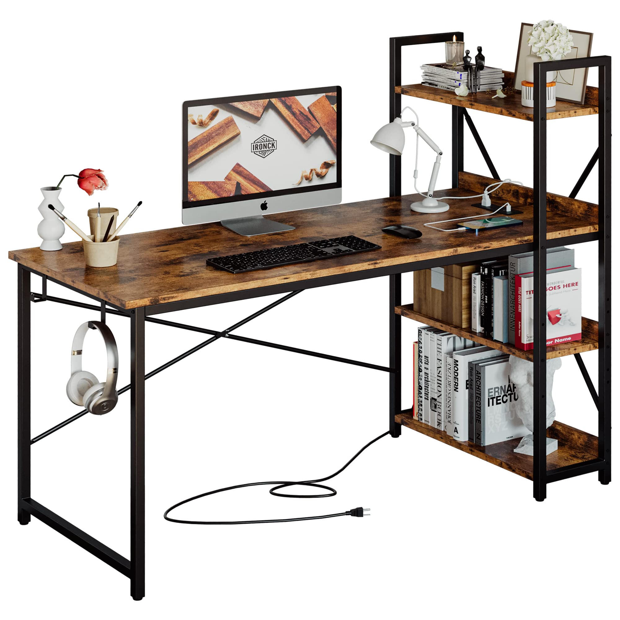 IRONCK Computer Desk 55" with Power Outlet and Storage Shelves, Study Writing Table with USB Ports Charging Station, PC Desk Workstation for Home Office, Rustic Brown