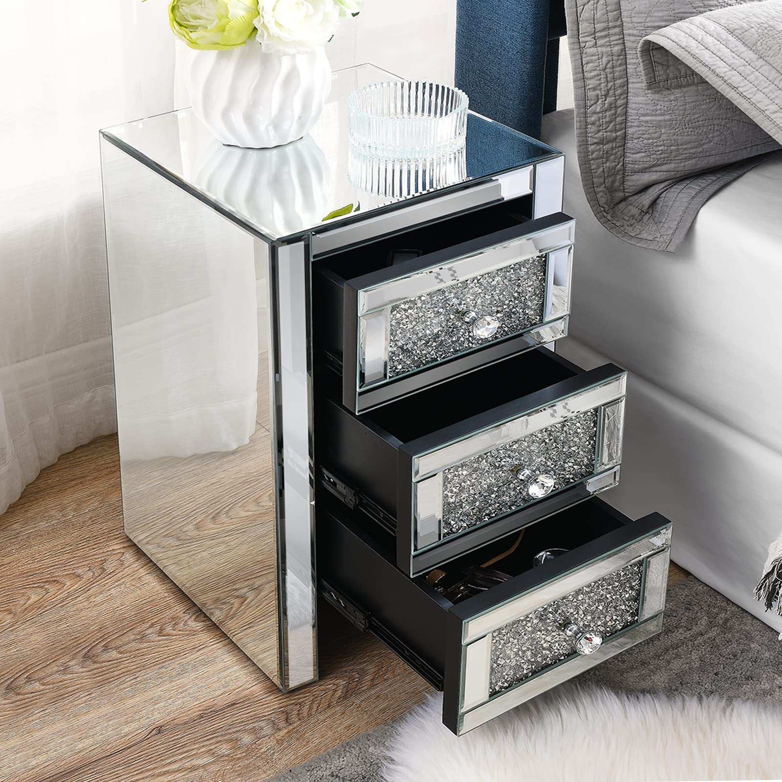 Alohappy Mirrored Nightstands Set of 2 with 3-Drawers, Modern Mirror Glass End Table Silver Bedside Table for Living Room/Bedroom (2PCS)