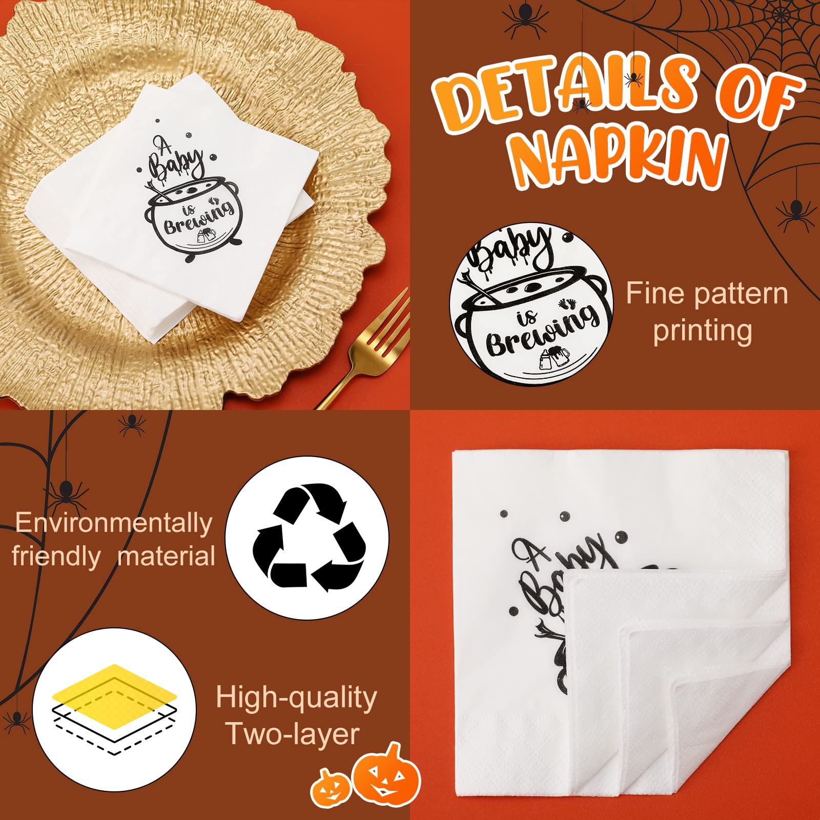 Halloween Baby Shower Napkins, A Baby is Brewing Baby Shower Decorations Halloween Baby Napkins Shower Gender Reveal Party Decorations Halloween Baby Shower Disposable Napkins 5 x 5 In (100 Pcs)