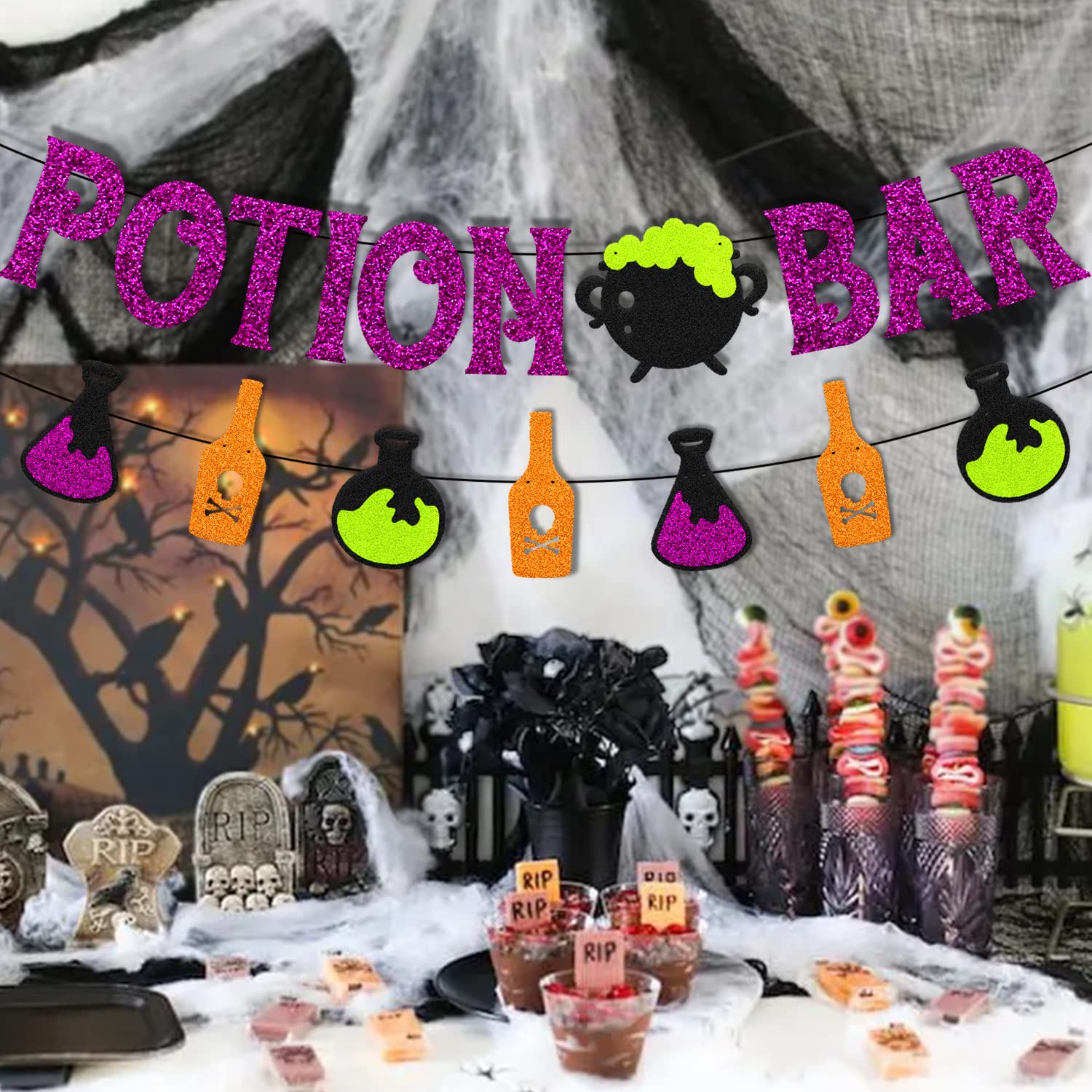 Levvcirki Potion Bar Banner Halloween Poison Bat Horrible Witches Haunted House Theme for Men Women Halloween Festival Holiday Party Purple Glitter Decorations