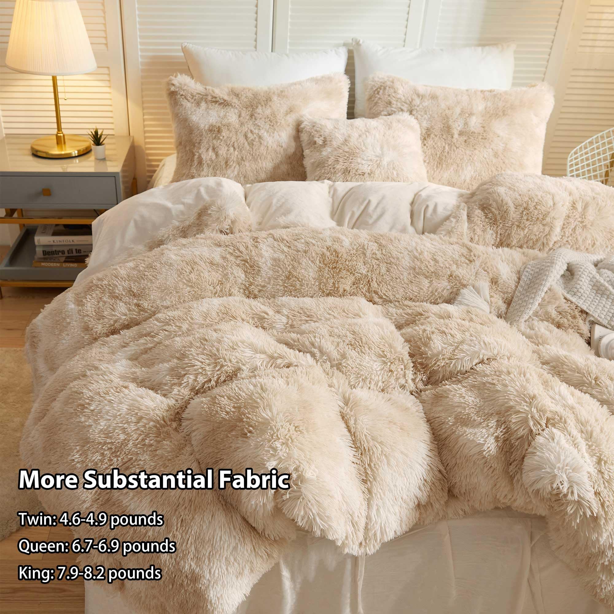 LIFEREVO Luxury Fluffy Faux Fur Duvet Cover Set, Soft Tie Dye Plush Fuzzy Duvet Cover(1 Marble Print Shaggy Comforter Cover+2 Furry Pillowcases)Bedding Set, Zipper Closure(King, Off White/Light Beige)