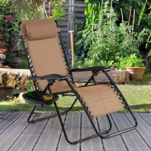 S AFSTAR Folding Reclining Lounge Chair, Outdoor Zero Gravity Recliner W/Side Tray & Detachable Headrest Pillow, Heavy-Duty Steel Frame, Reclining Folding Chair for Poolside, Backyard (1, Beige)